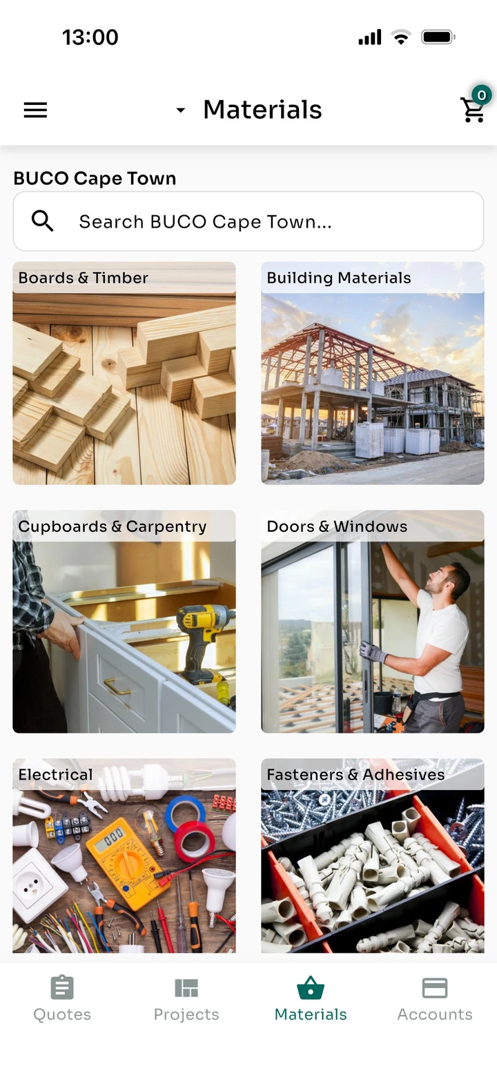 The materials catalogue in the Thuso app