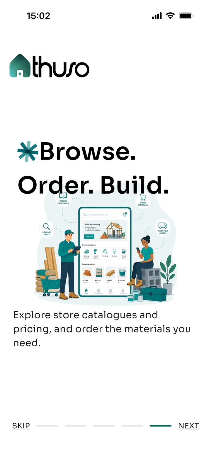 The Thuso app's welcome screen: Browse. Order. Build.