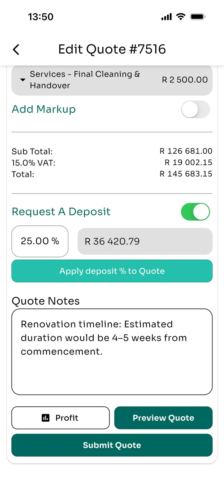 Editing a quote in the Thuso app